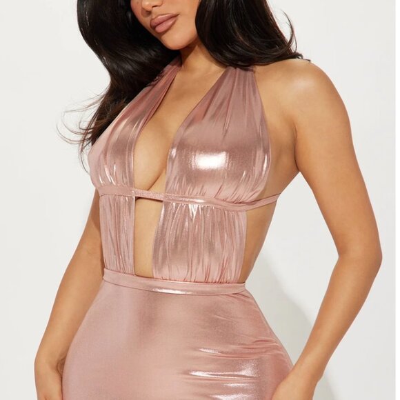 FASHION NOVA- Thalia Metallic Maxi Dress - Rose Gold - Picture 2 of 4